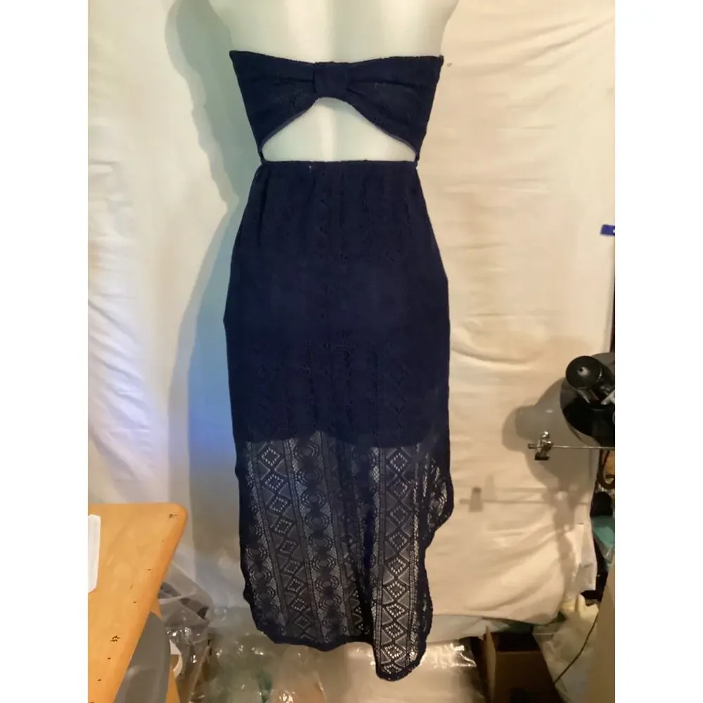 1142 Bailey Blue Strapless Open Bow Back Lace Maxi High Low Small Navy Blue